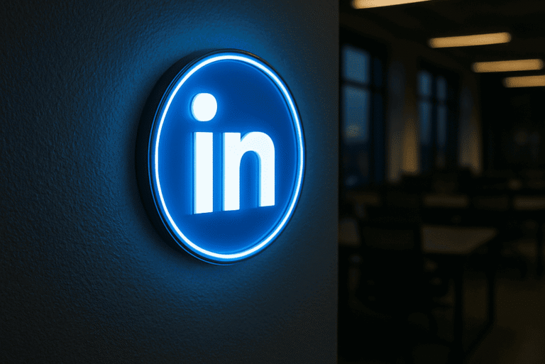 Leuchtlogo des LinkedIn Logos als Symbol für den LinkedIn Ad Benchmark